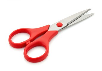 Bright red handled scissors are displayed on a pristine white background, their sharp blades suggesting precision, a sense of cuteness, and the potential for crafting, providing a  perspective.