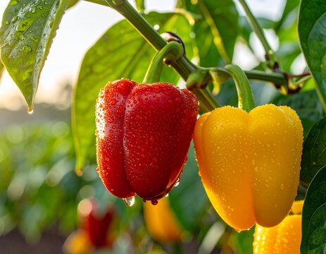 bell pepper with dew hanging on tree in garden