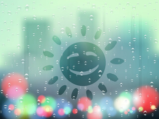 Sun symbol drawn on a wet fogged glass window with drops of autumn rain. Vector illustration