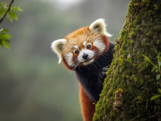 Curious red panda peeks from mossy tree trunk, showcasing adorable fluffy ears and bright eyes in a lush forest setting.