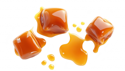 Three glossy caramel cubes with a rich amber hue. positioned artistically on a bright white background. creating an inviting and deliciously sweet visual for culinary or dessert-related use