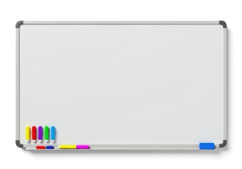 A pristine white rectangular whiteboard is presented, set against a clean white backdrop with visible shadows, complete with colorful markers arranged at the bottom and a blue eraser on the right...
