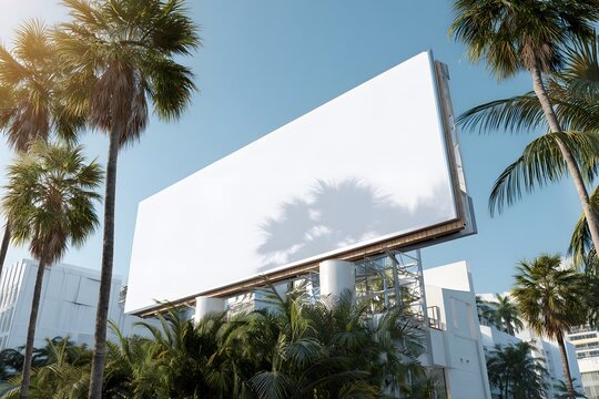 A blank white billboard stands tall among palm trees.