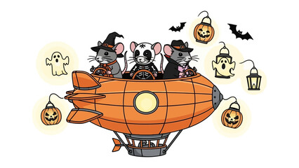 Halloween Airship Adventure: Animated scene of charming dressed as Halloween theme mice on the airship, a spooky pumpkin lamp, adding a whimsical touch to the scene.