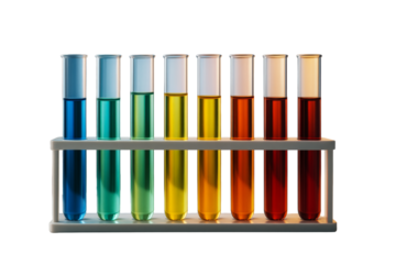 Test tubes with multicolored liquids in a rack, isolated style on white background, science concept for clean laboratory element. Ai generative