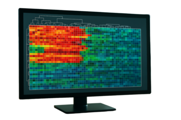 Monitor showing colorful scientific heatmap with data clusters, isolated on white background, concept of analysis and science. Ai generative