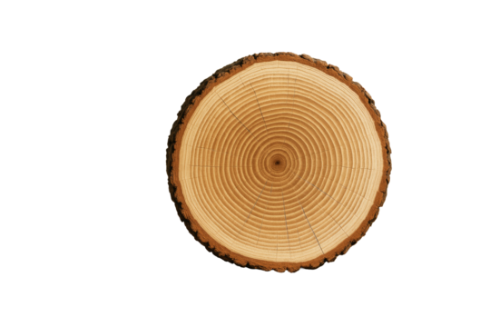 Tree trunk slice showing detailed annual rings, isolated style on clean white background. Concept of nature, science, and organic element. Ai generative