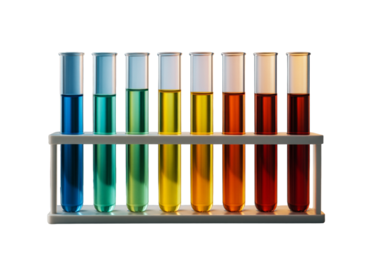 Test tubes with multicolored liquids in a rack, isolated style on white background, science concept for clean laboratory element. Ai generative