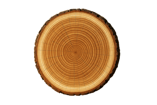 Tree trunk cross section with visible growth rings, isolated in high detail on white background. Concept of science, clean nature, design. Ai generative