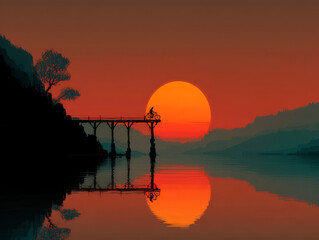 Cyclist crosses a wooden bridge during a vivid sunset, with a perfect reflection over still water and serene mountain landscape.
