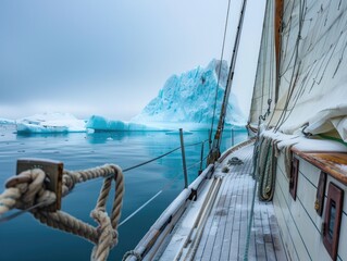 Obraz premium Sailing ship navigates icy waters, massive iceberg looming, cold travel destination