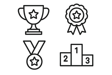 Awards and victory outline icon collection. Includes trophy, medal, winner podium, and prize rosette symbols. First place champion achievement concept for success. Editable stroke vector.