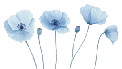 A serene arrangement of delicate blue flowers with varying petal shapes and sizes. their graceful stems against a clean white background. ideal for nature-themed designs