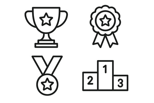 Awards and victory outline icon collection. Includes trophy, medal, winner podium, and prize rosette symbols. First place champion achievement concept for success. Editable stroke vector.