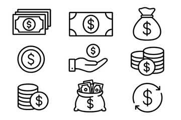 Money icon set. Cash, finance and currency outline symbols. Vector collection of editable stroke pictograms like banknote, coin, dollar, money bag, payment and transaction.