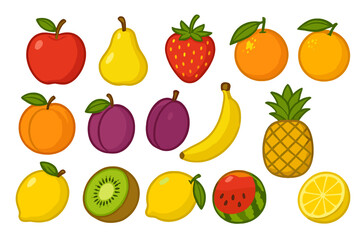 Large fruit and berry collection vector set. Cartoon icons of apple, pear, strawberry, orange, peach, plum, banana, watermelon, pineapple, kiwi, lemon for healthy summer food.