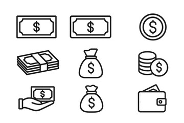 Cash money icon set. Finance and currency symbols collection. Dollar sign. Banknote, coin stack, money bag and wallet icons. Banking, payment, and wealth concept. Line art.