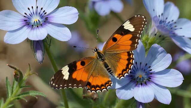 upright narrow focus on vibrantly hued orange European Comma butterfly Polygonia-c-album on pale blue blossom