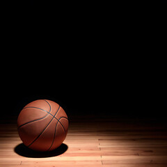 Obraz premium Basketball on a wooden court with dramatic lighting and dark background