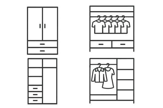 Closet wardrobe outline icon set. Simple linear furniture collection. Clothes storage and organization concept. Home interior design element. Editable stroke vector illustration.