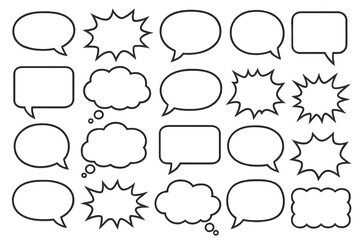 Big set of vector speech bubbles and empty thought balloons. Retro comic book style chat boxes for dialogue, messages, and quotes. Pop art outline design element pack.