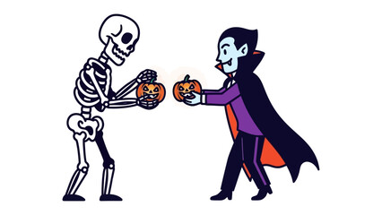 Halloween Friends: A friendly vampire and skeleton swap jack-o'-lanterns, embodying the fun and community spirit of Halloween.