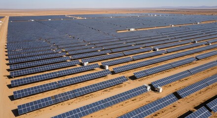 Obraz premium Vast solar farm with rows of photovoltaic panels stretching across a desert landscape under a clear blue sky