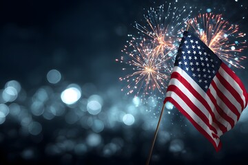 United States flag waves with fireworks celebration.