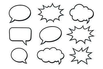 Fototapeta premium Vector set of blank speech bubbles and thought balloons in a retro comic book style. Empty dialog pop art elements for chat, messages, discussion, thinking, or shouting.