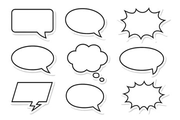 Vector set of blank speech bubble stickers. Empty comic dialogue balloons, thought clouds, and shout bubbles. Retro pop art design elements for chat, messages, and communication.