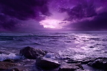 Naklejka premium Purple stormy ocean waves crashing on rocks