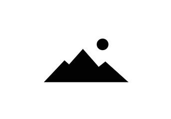 A black silhouette of three mountains with a black circle above them against a white background