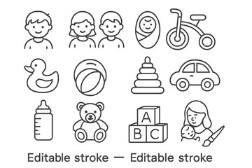 Baby care, toys and childhood linear icons set. Newborn, toddler, children. Editable stroke. Motherhood, family, play concepts. Teddy bear, car, duck, ball, blocks vector.