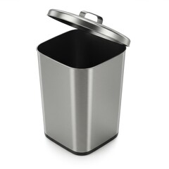 Elevated, three-quarter view showcases a shiny, metallic waste receptacle with its lid ajar, revealing the interior. The bin displays a clean, contemporary design on an isolated, white backdrop.