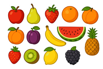 Colorful summer fruit vector collection with apple, pear, strawberry, orange, peach, plum, banana, watermelon, pineapple, kiwi, lemon, blackberry and fresh berries illustrations