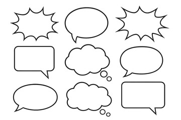 Retro speech bubbles set. Blank comic dialog balloons, stickers, and thought clouds. Vector illustration with transparent background. Empty text boxes collection for comics and messages.
