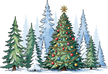 Decorated Christmas Tree with Ornaments Surrounded by Snowy Pine Forest Vector Illustration on White Background