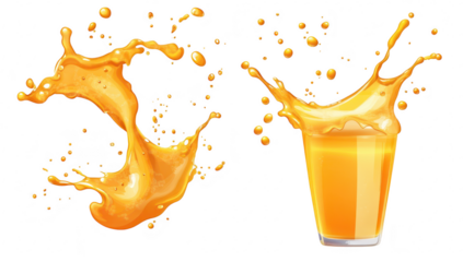 A splash of orange juice creating dynamic droplets against a white background. with a glass of freshly poured juice its rich color and texture