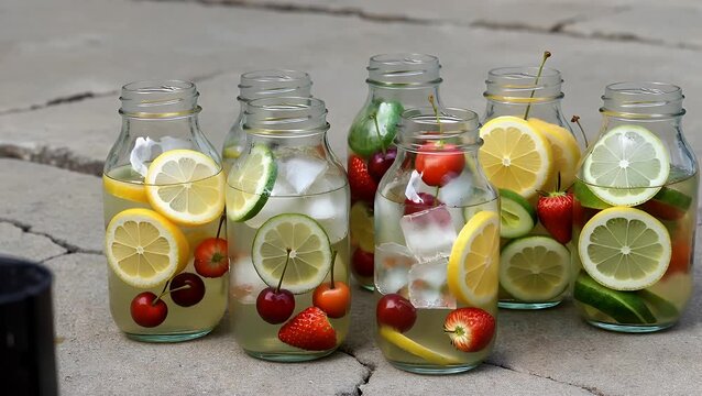 Numerous glass containers filled with chilled sweetened beverage made from citrus fruit and assorted berries and fruits on solid gray background