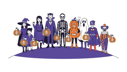 Halloween Ensemble: A whimsical group of costumed figures, including a witch, vampire, skeleton and other creatures of the night, stand shoulder to shoulder against a backdrop of autumnal charm.