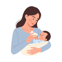 Mother Feeding Baby with Bottle Illustration