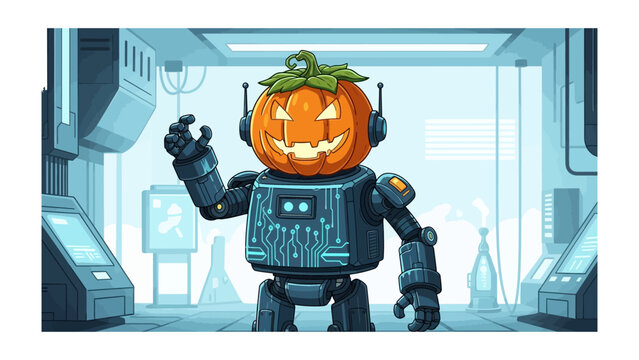 Halloween Robot: A captivating illustration of a pumpkin-headed robot stands in a futuristic laboratory setting. the merging of Halloween spirit with high-tech innovation.