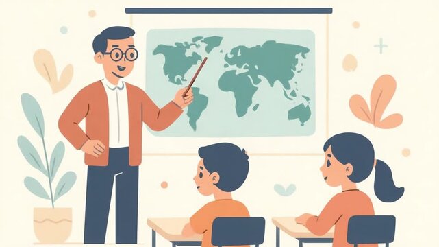 Male Teacher Explaining World Map in Geography Class