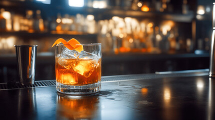 Cocktail glass with ice and orange peel garnished at a bar during evening hours Generative AI