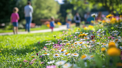 Families enjoying a sunny day in the park surrounded by colorful flowers and green grass in springtime Generative AI