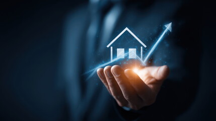 Business professional holds glowing house symbol representing real estate growth and market success in a dark atmosphere Generative AI