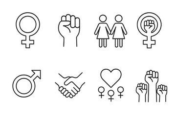 Gender equality and feminism line icon set. Female empowerment, solidarity, protest vector symbols. Women's rights, sisterhood, girl power, lesbian couple, community icons.
