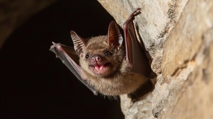Obraz premium Curious bat with open mouth emerging from cave wall