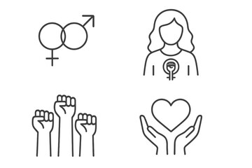 Feminism and gender equality icon set. Vector line symbols of female power, solidarity protest, love and support. Woman rights movement and relationship signs for web design.