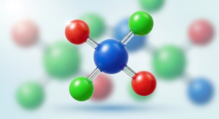 A molecular model of a water molecule with a blue sphere at the center, surrounded by green and red spheres.